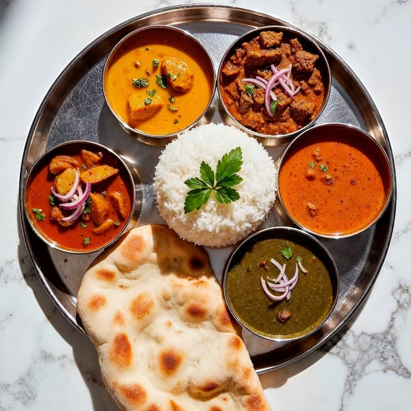 A Saffron Restaurant Indian thali with various curries, rice, and naan bread on a silver platter.