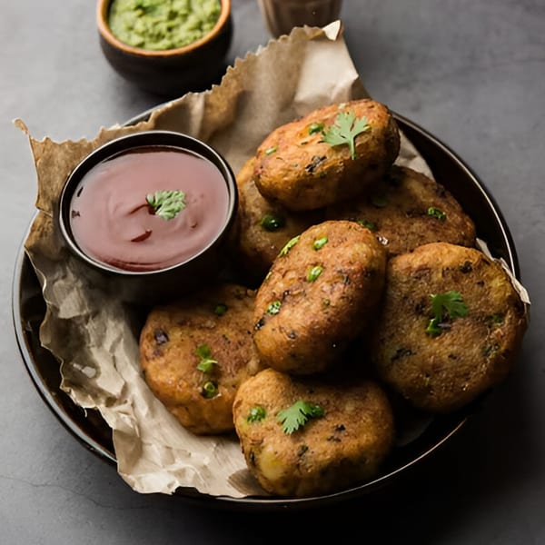 A plate of golden-brown Indian potato cutlets, garnished with cilantro, served with red and green chutneys.