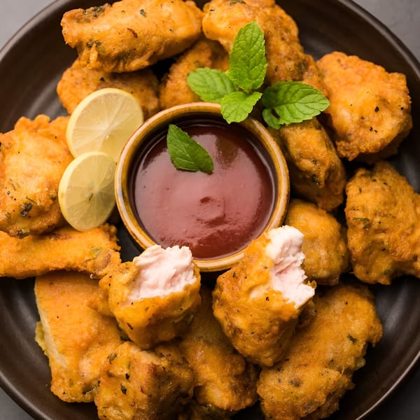 Crispy golden Indian chicken pakora with mint, lemon slices, and a bowl of red dipping sauce.